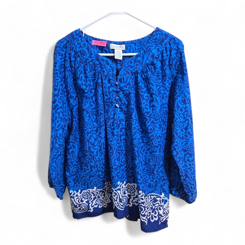 Caribbean Joe Women's Blue Floral Blouse Size XL
